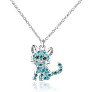 925 Sterling Silver Girls Aqua Birthstone Necklace For Cat Lover Women Girls